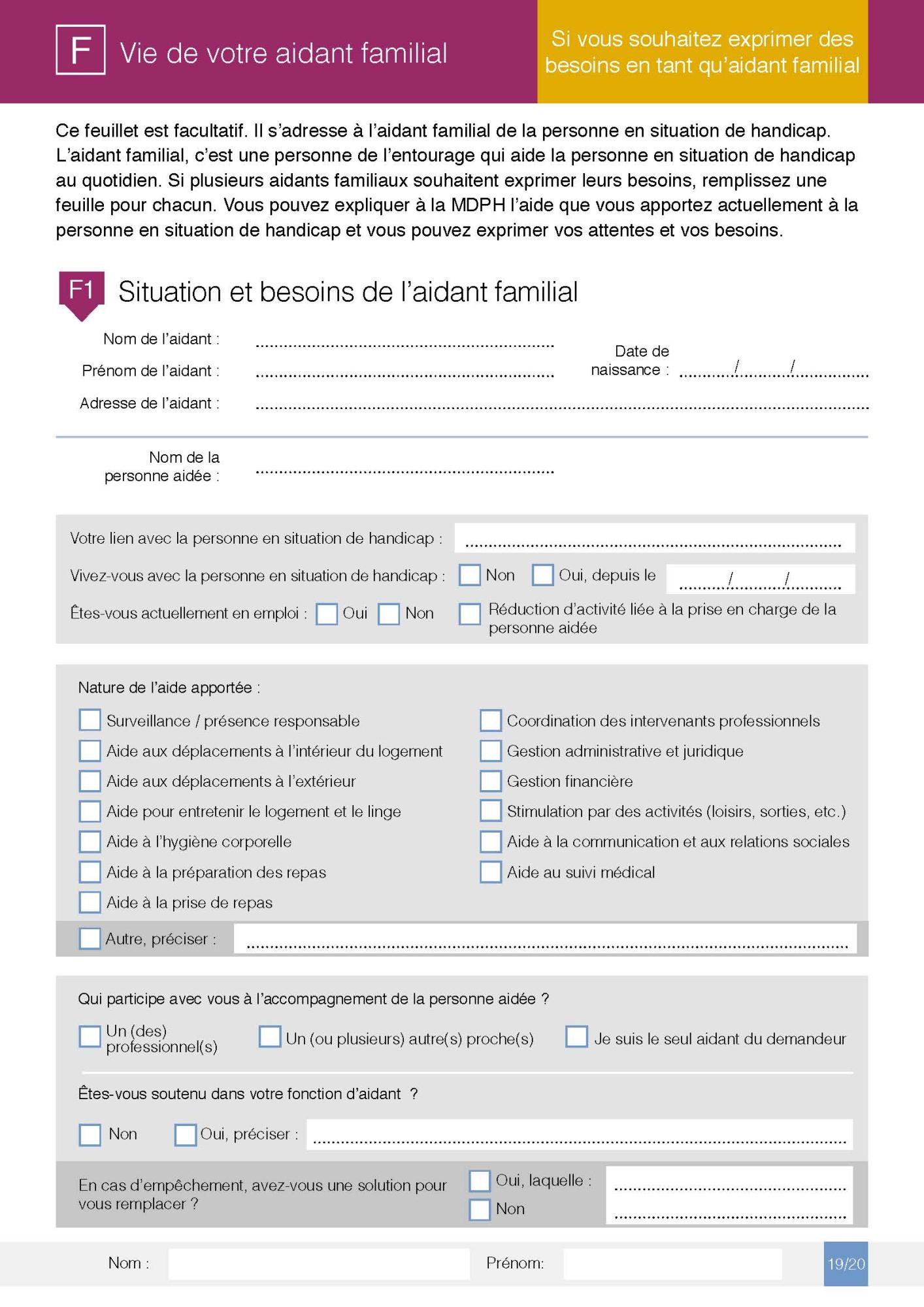 Volet F « Vie de votre aidant familial »